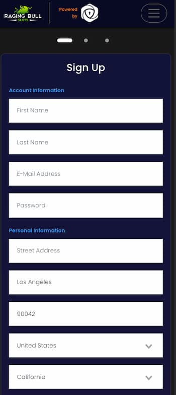 An image of the app screen for signing up at Raging Bull, one of the best slot machine apps that pay real money.